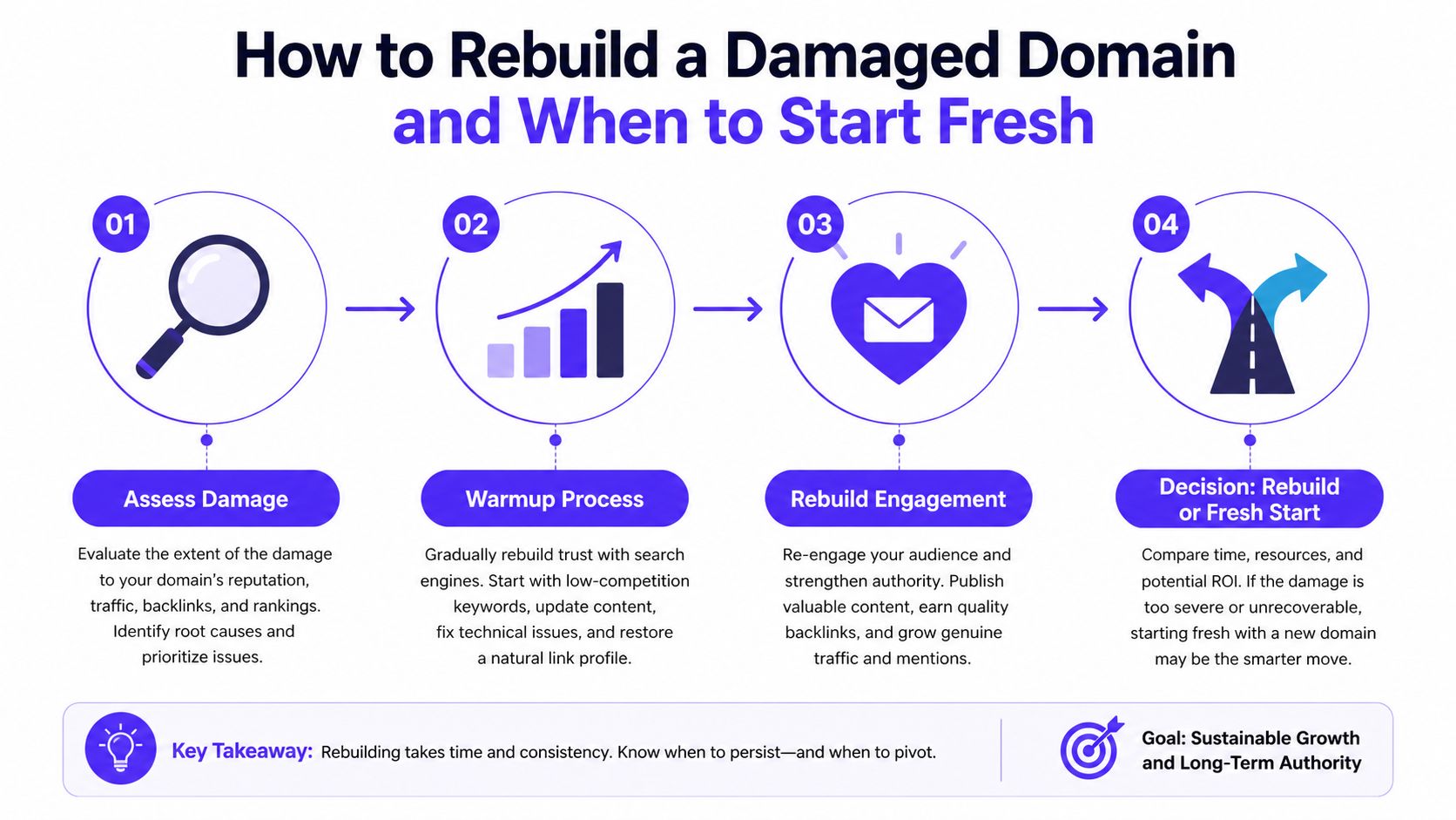 A four-step infographic showing how to rebuild a damaged domain and decide on a fresh start.