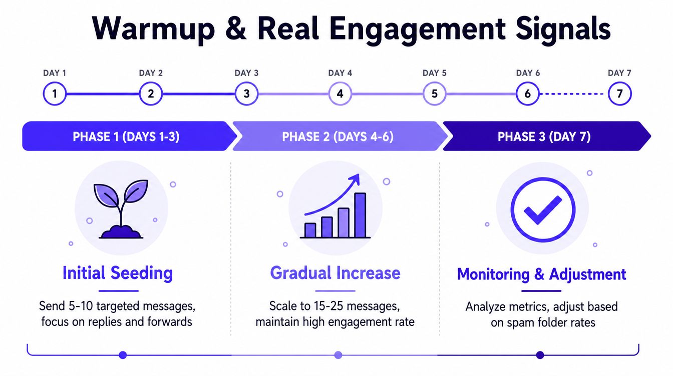 A diagram outlining a seven-day strategy to improve email deliverability through gradual engagement and monitoring.
