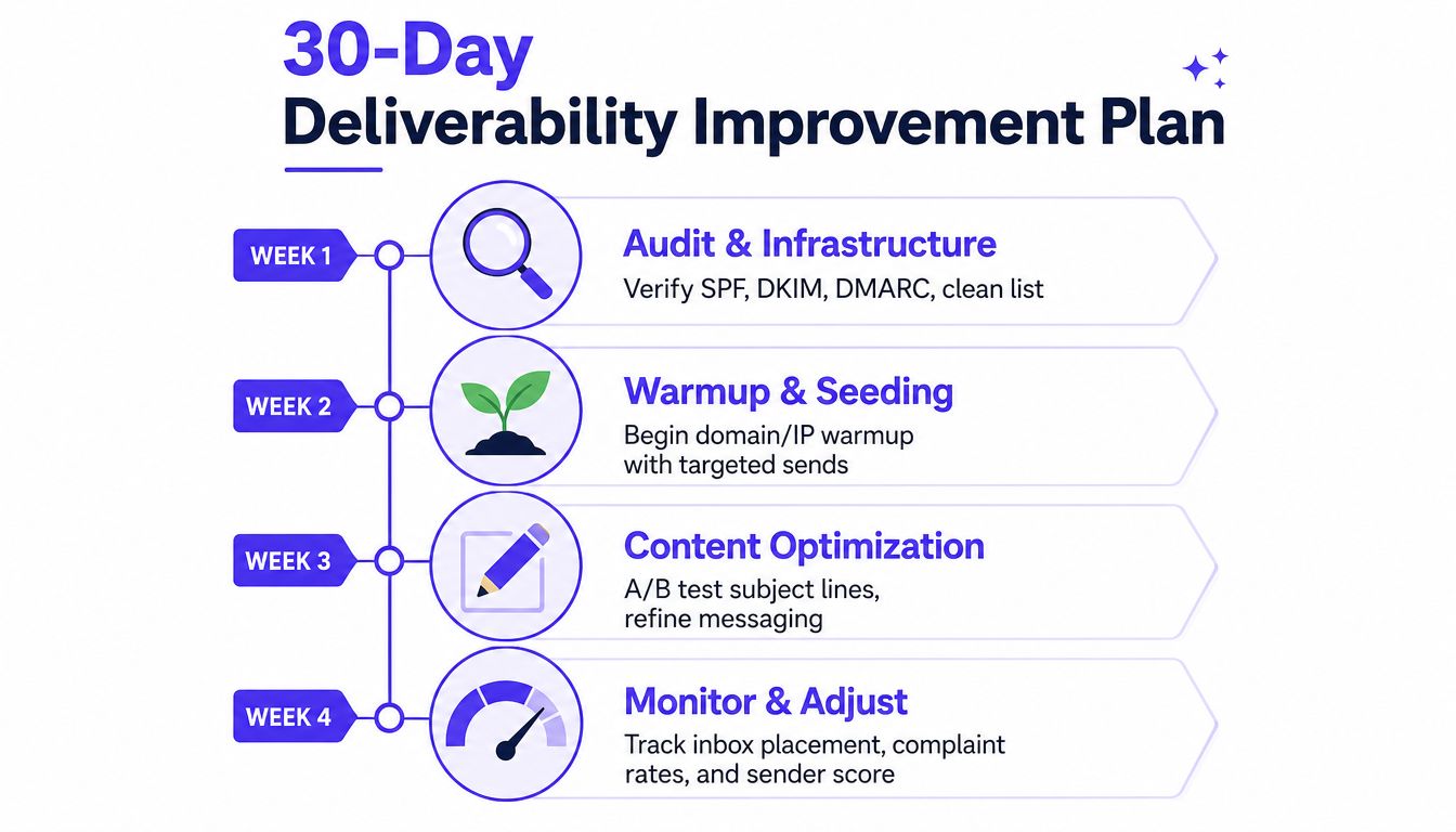 A 30-day email deliverability improvement plan infographic outlining a weekly schedule for auditing, warming up, and monitoring.