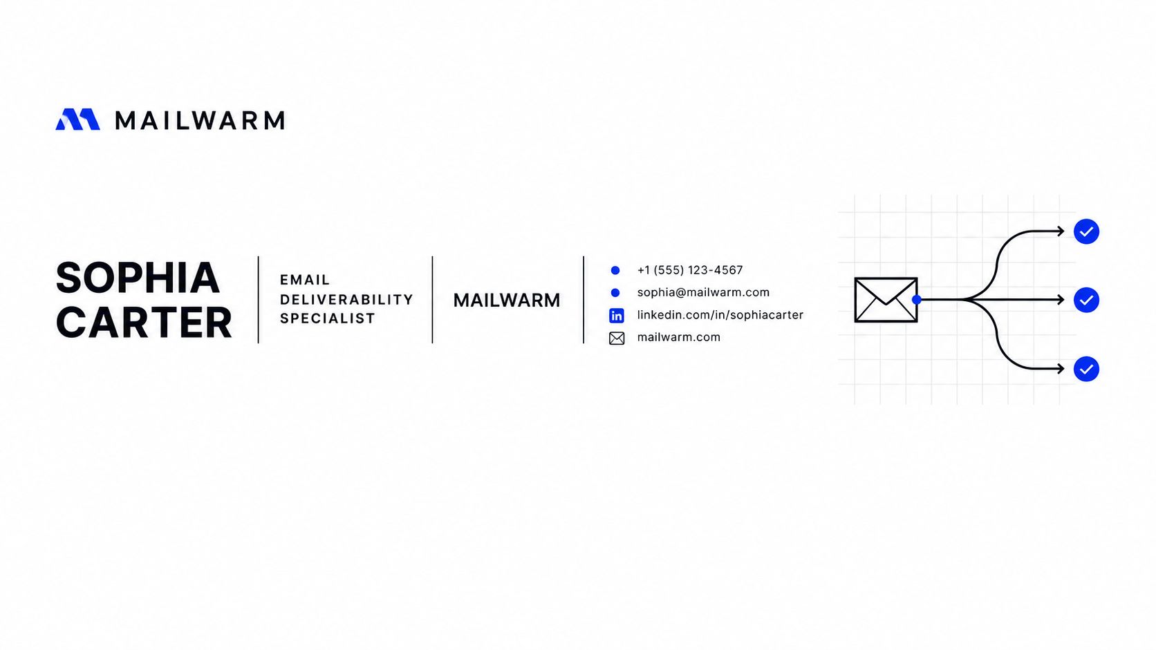 Professional email signature for Sophia Carter, an email deliverability specialist at Mailwarm, featuring contact and social links.