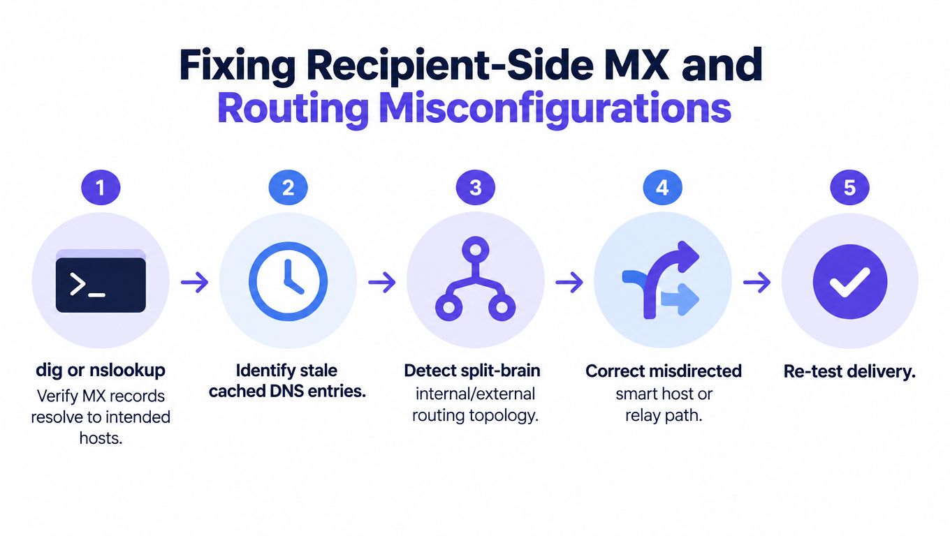 A five-step flowchart explaining the process for fixing recipient-side MX record and email routing misconfigurations.