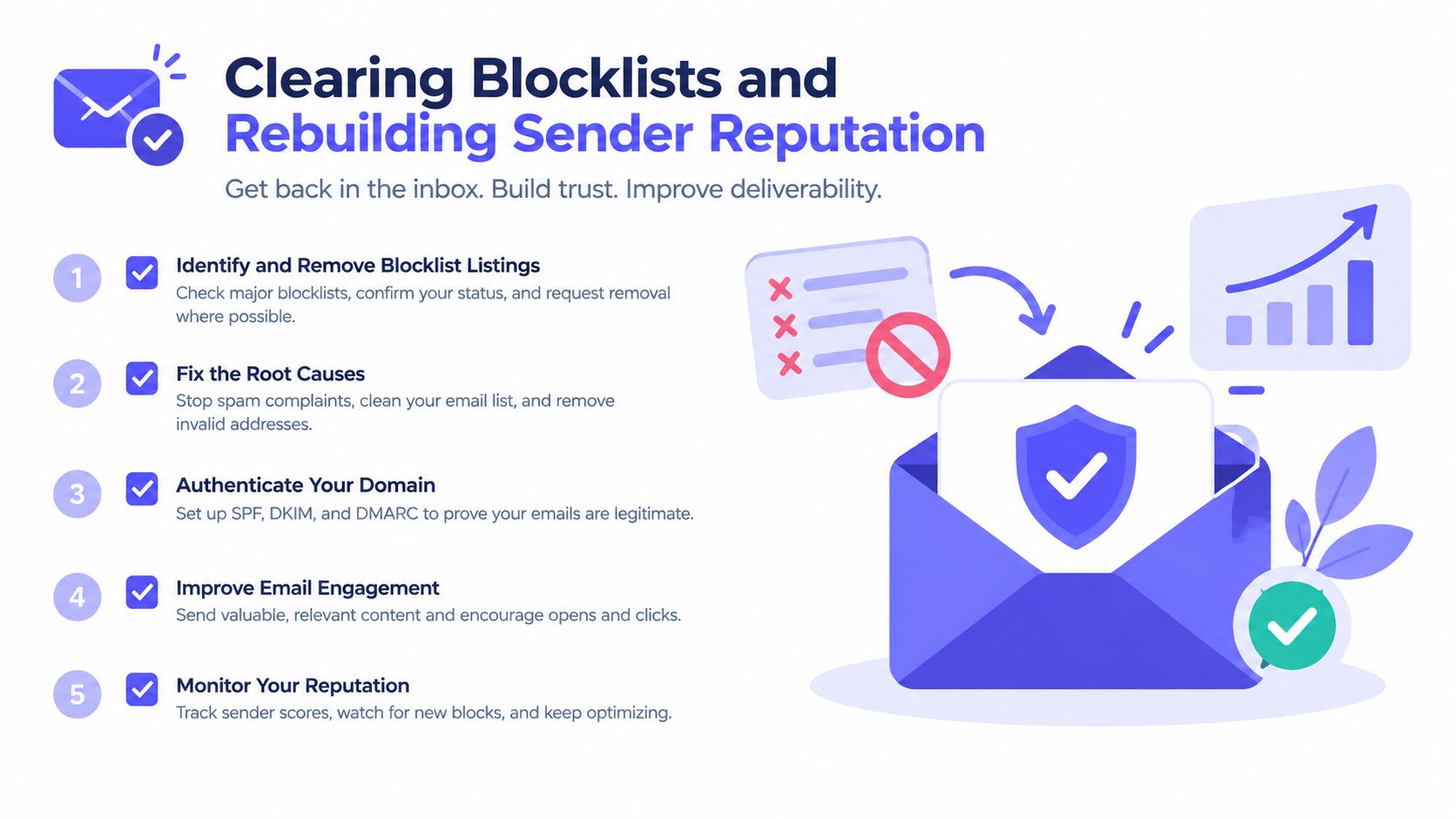 An infographic titled Clearing Blocklists and Rebuilding Sender Reputation with five steps for email deliverability success.