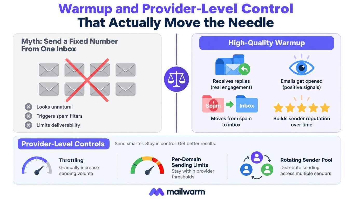 A diagram contrasting poor email practices with high-quality warm-up and provider-level controls for better email deliverability.