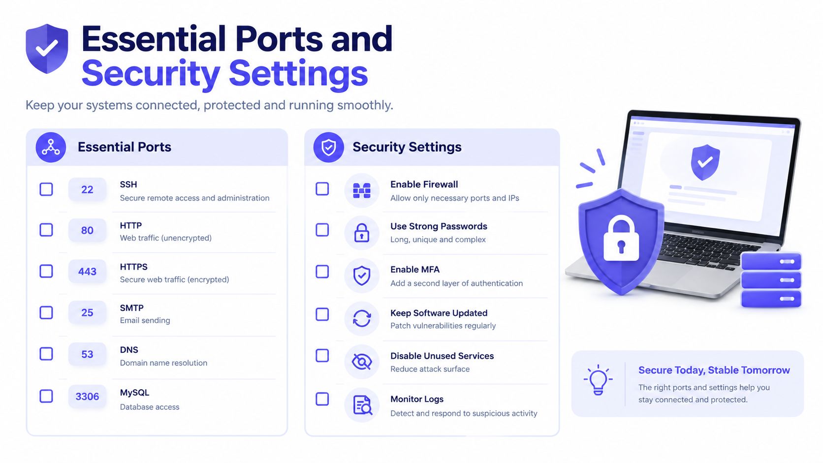 An infographic showing essential network ports for security and recommended best practices for protecting computer systems.