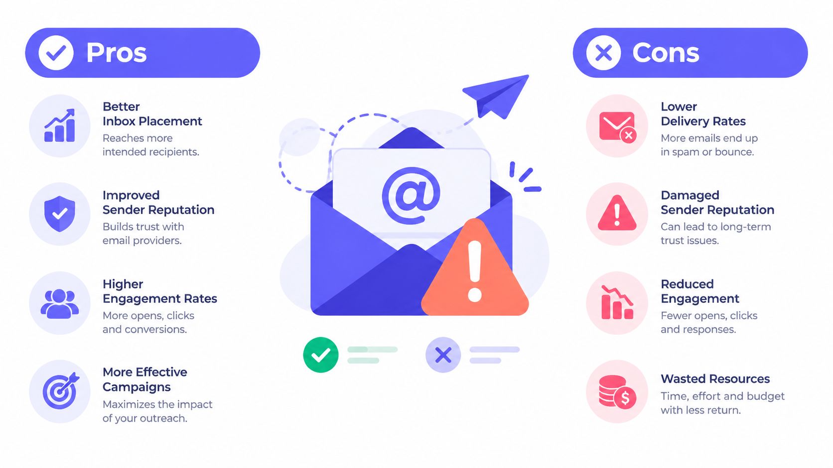 An infographic comparing the pros and cons of email warm-up strategies for effective email marketing campaigns.