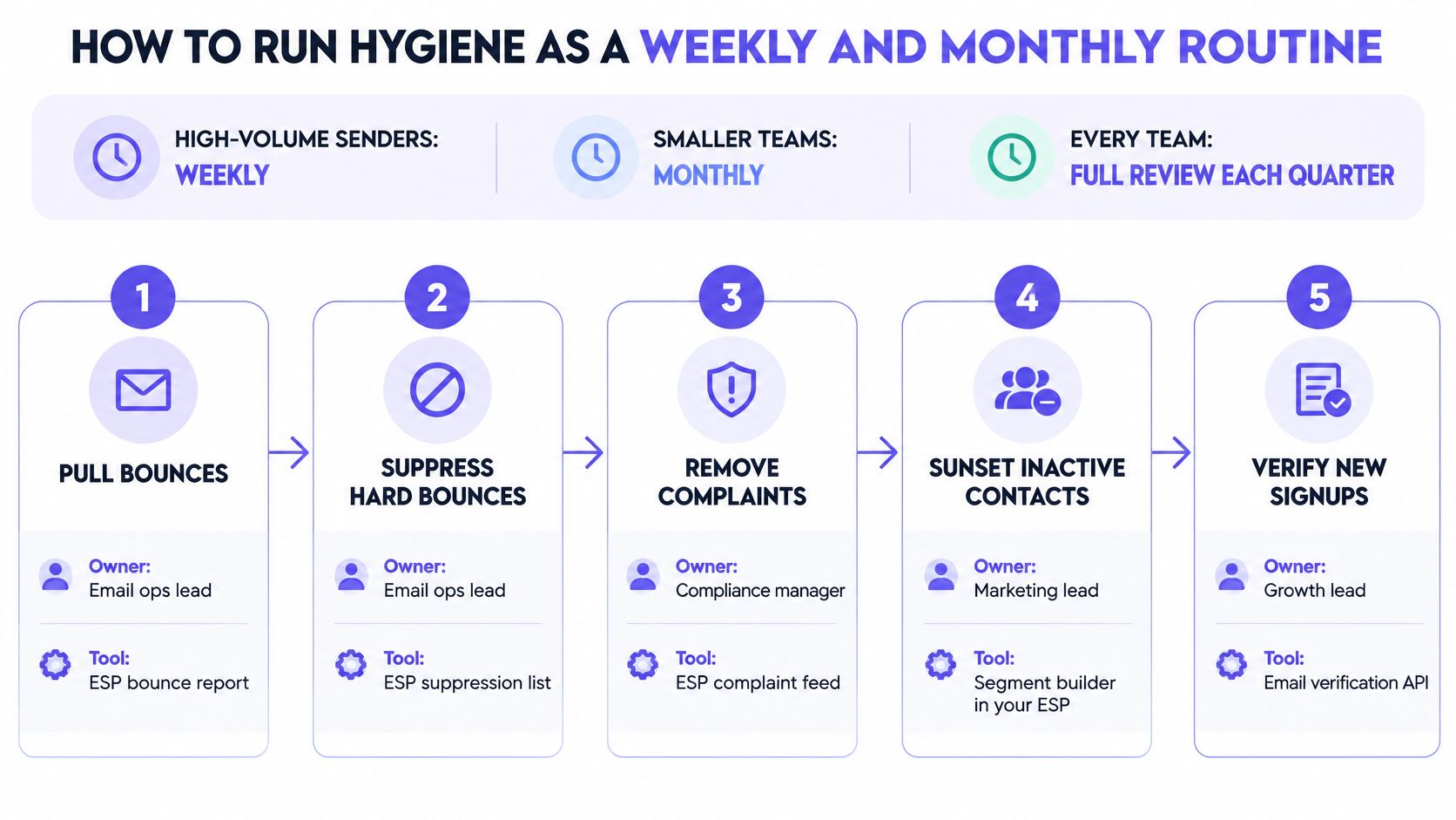 A five-step guide for performing email list hygiene, detailing routine tasks, team owners, and necessary tools.