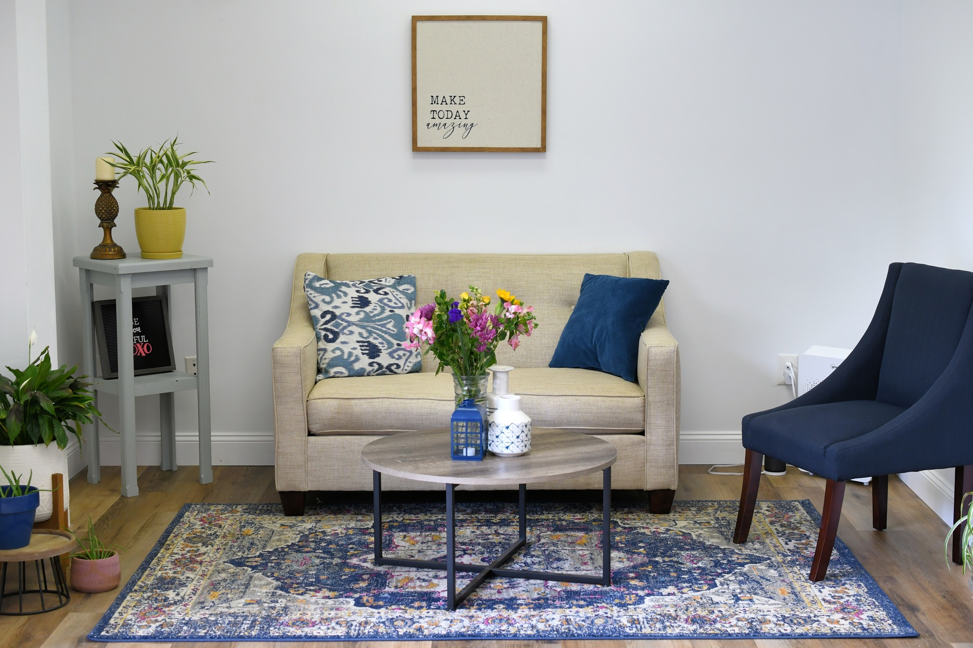 Calm, welcoming therapy office with comfortable seating and decor—ideal environment photos that help therapists showcase their space on their websites.