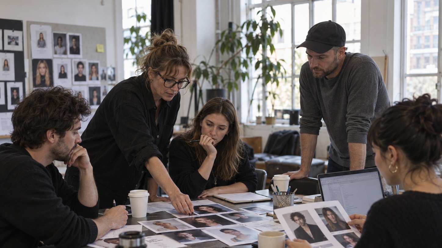 Casting teams go through headshots and discuss selections around a table.
