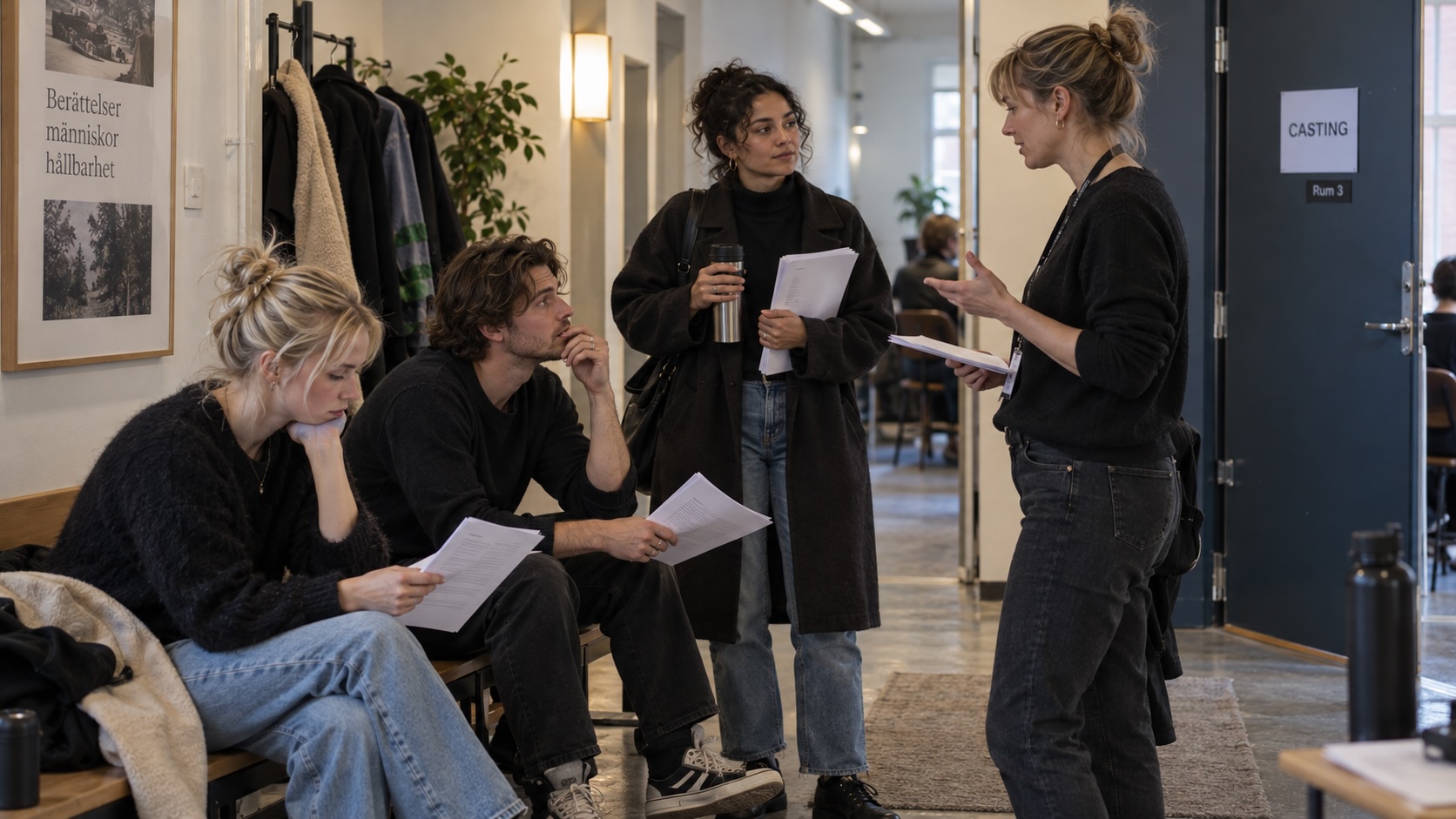 Actors waiting outside a casting room while a casting associate provides information in the corridor.
