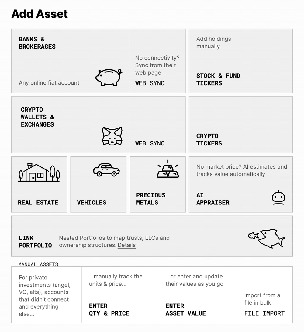 Kubera's Add Asset screen: banks and brokerages, crypto wallets and exchanges, Web Sync, stock, fund and crypto tickers, real estate, vehicles, precious metals, the AI appraiser, and linked portfolios for trusts and LLCs