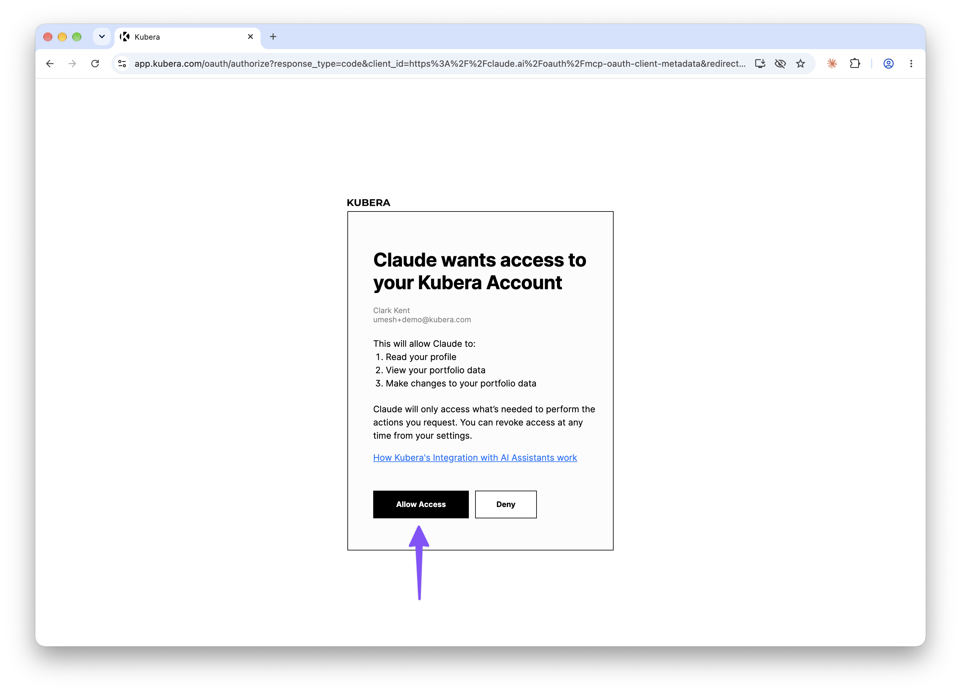 Kubera asking to allow Claude access to the account, with the Allow Access button