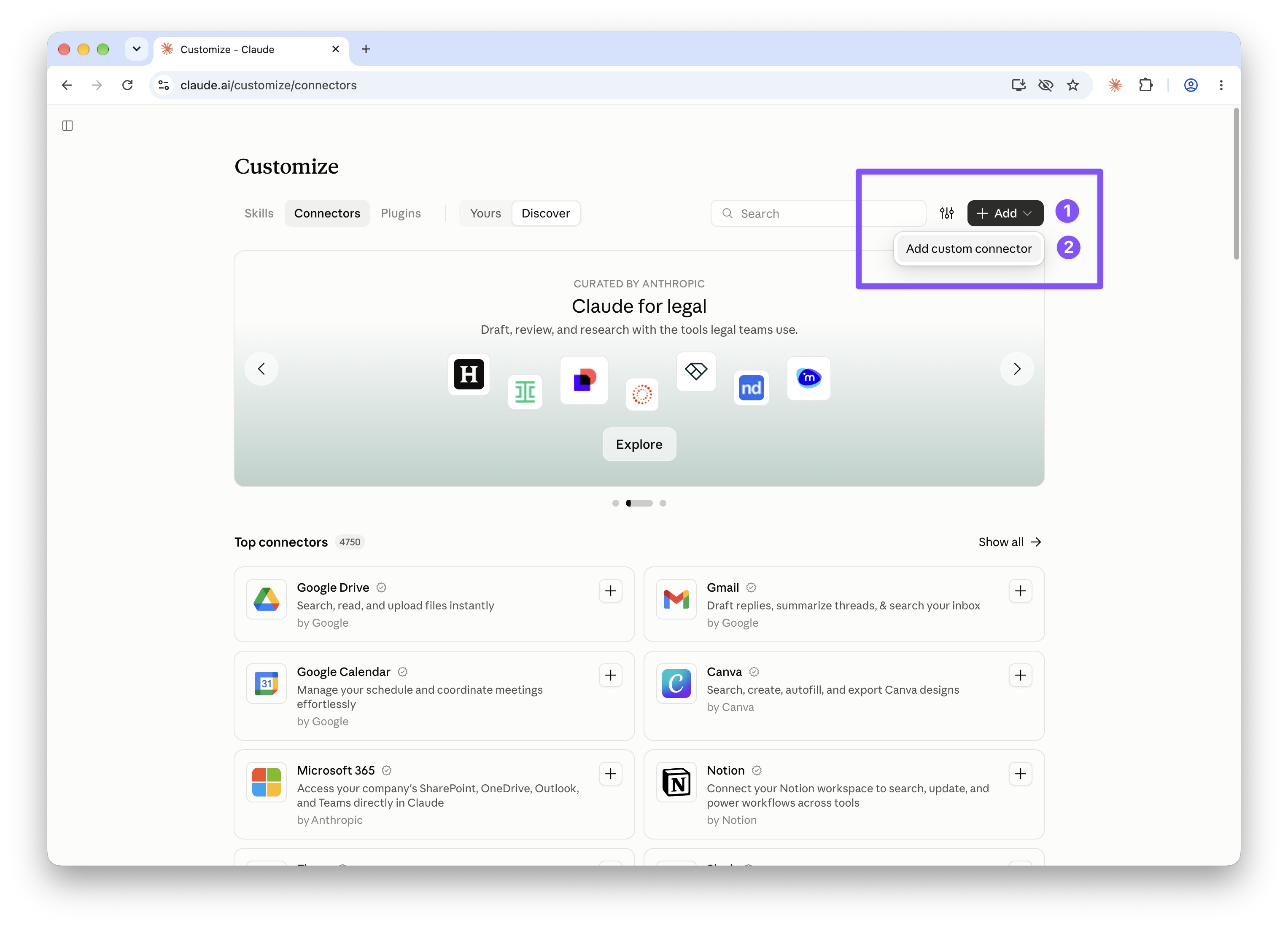 Claude Connectors page with the Add menu open and Add custom connector highlighted