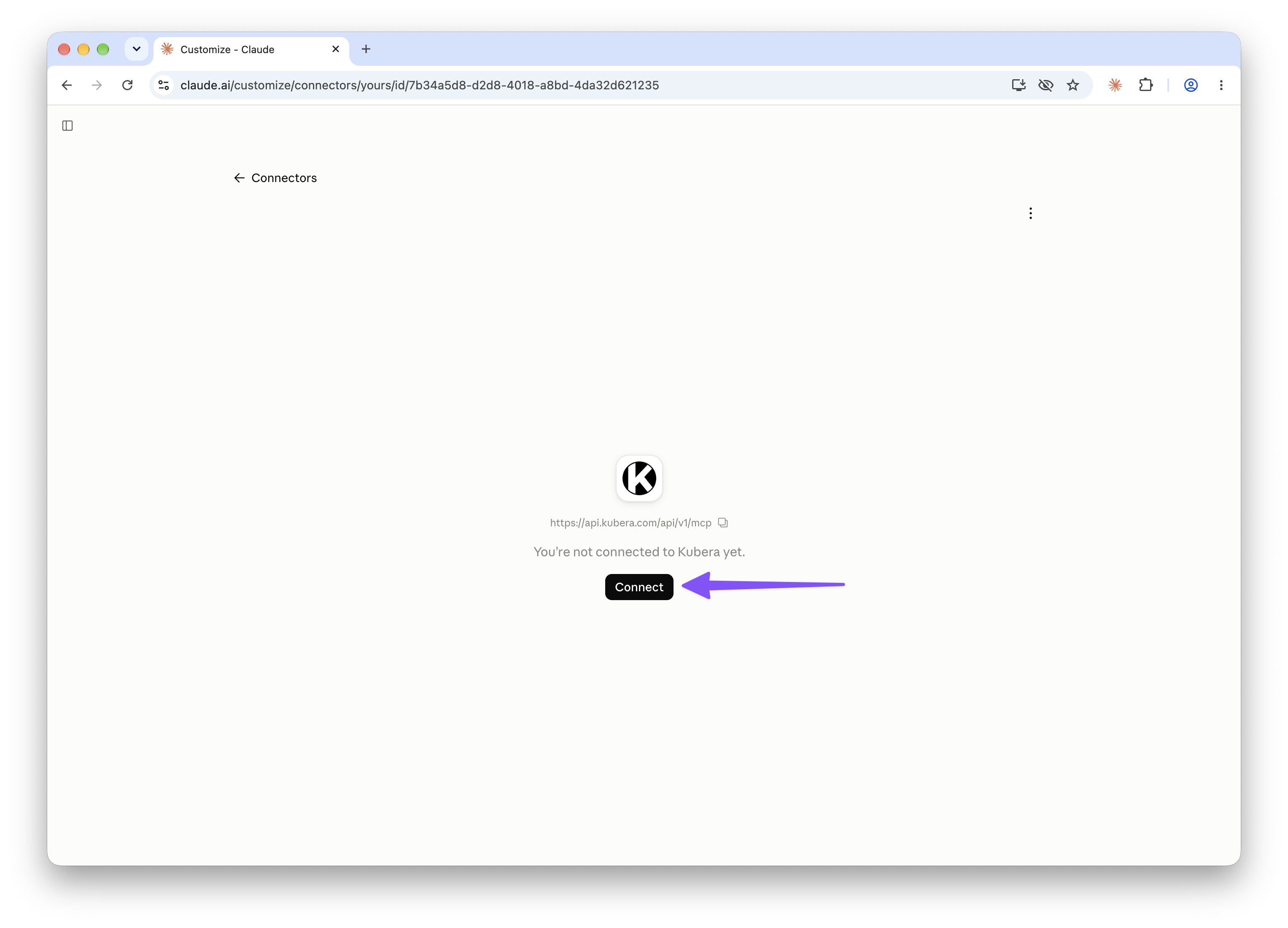 Kubera connector page in Claude with the Connect button