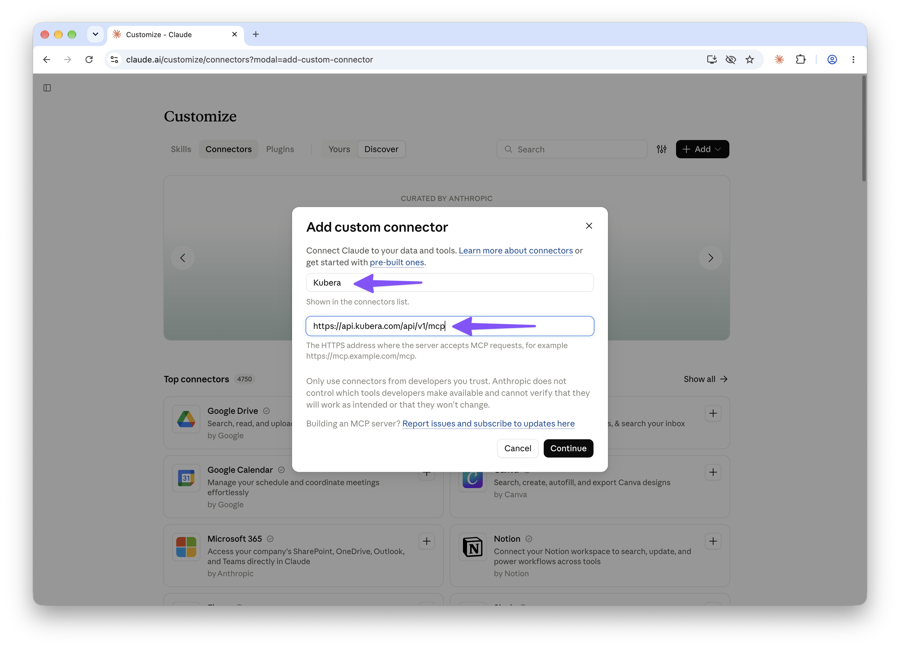 Add custom connector dialog with Kubera and the MCP server URL filled in