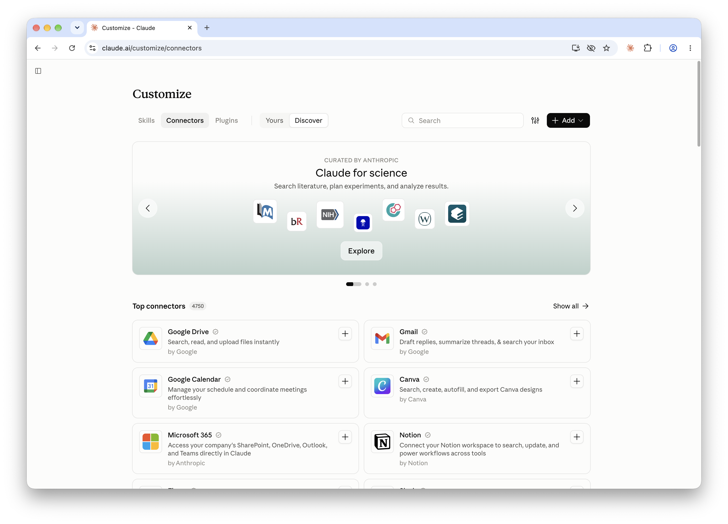 Claude Connectors page with the Add button at the top right