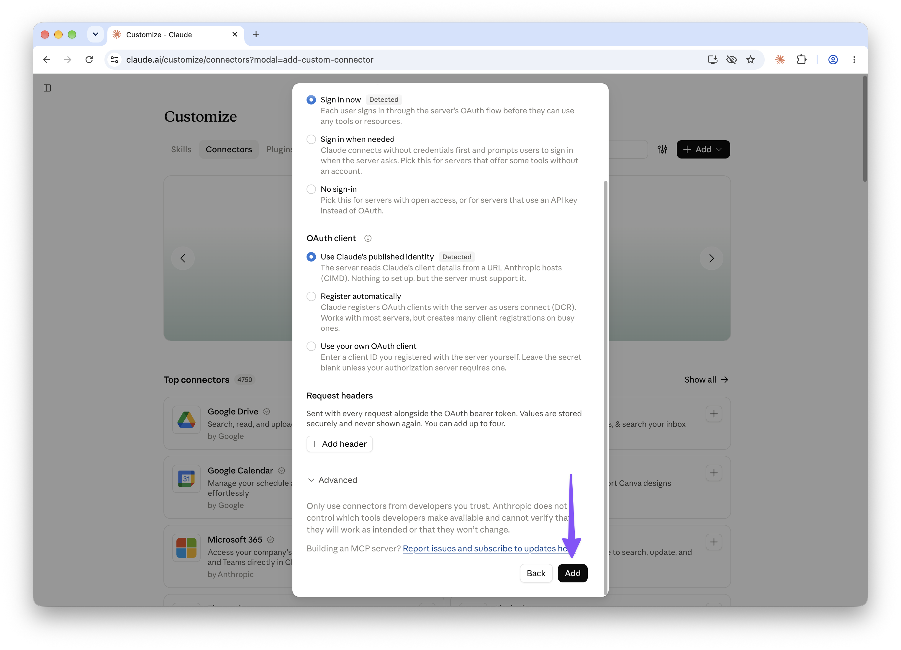 Connector options screen with Sign in now selected and the Add button