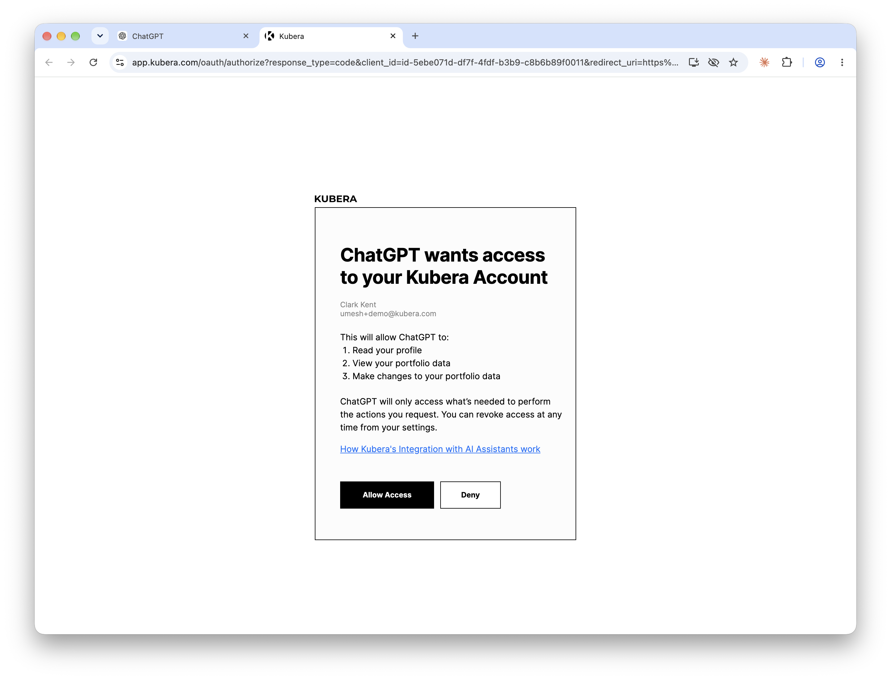 Kubera asking to allow ChatGPT access, listing the three permissions and the Allow Access button
