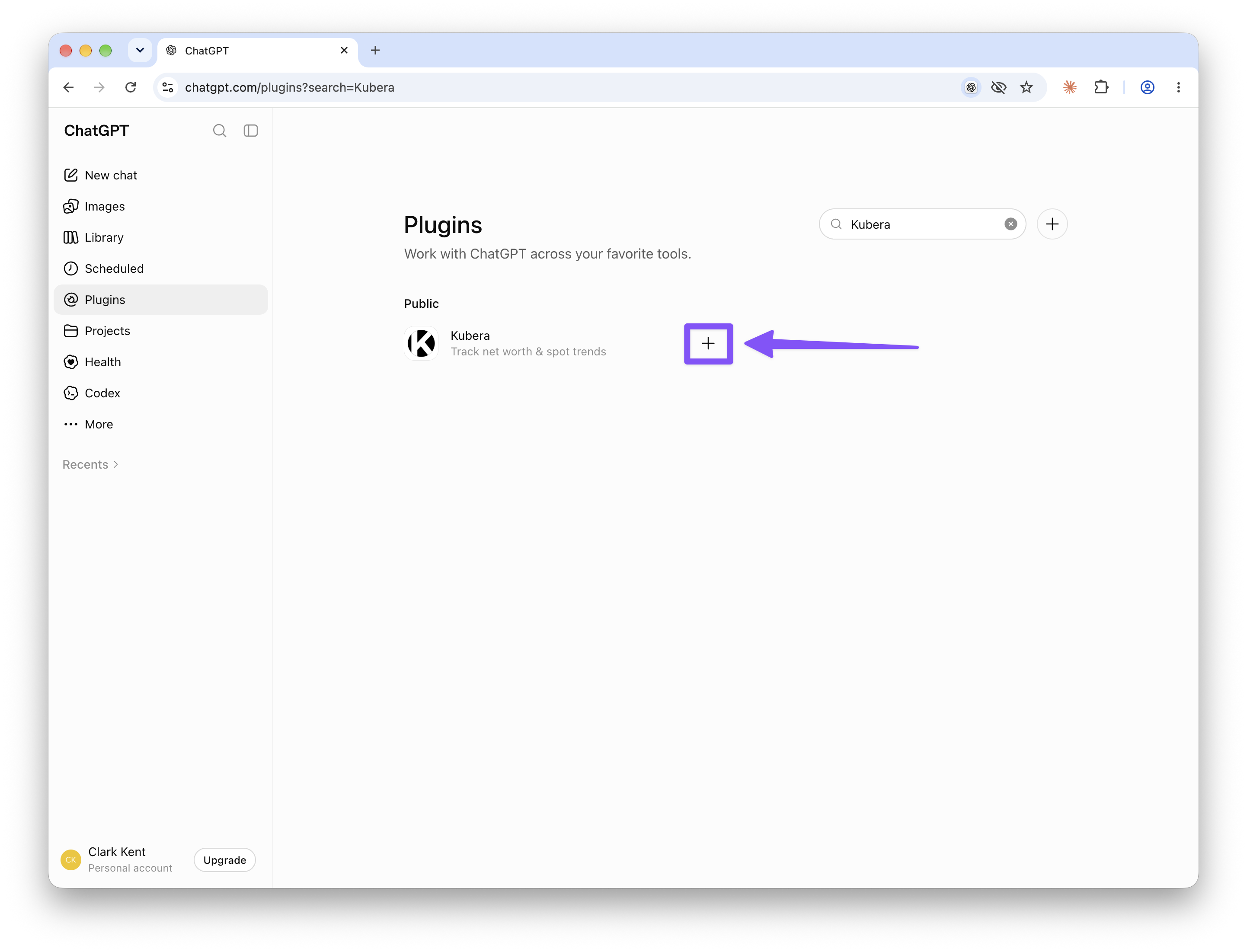 Searching Kubera in ChatGPT Plugins, with the plus button next to the result