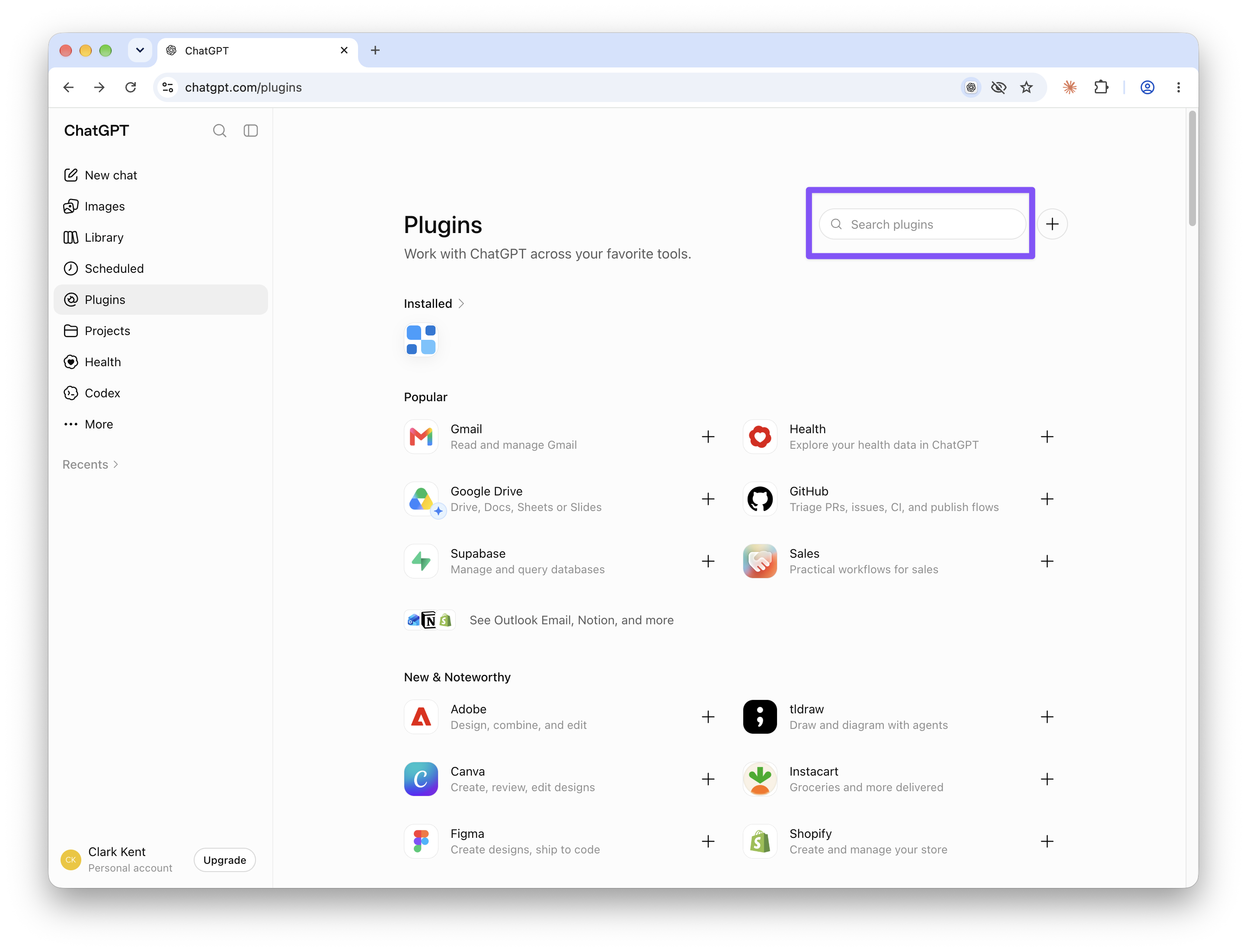 ChatGPT Plugins directory with the search box at the top right