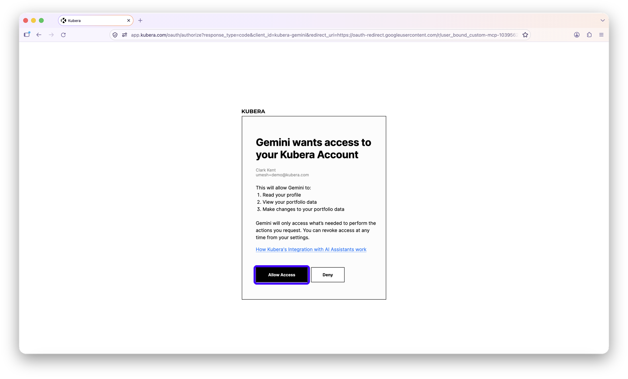 Kubera page saying Gemini wants access to your Kubera account, with Allow Access highlighted