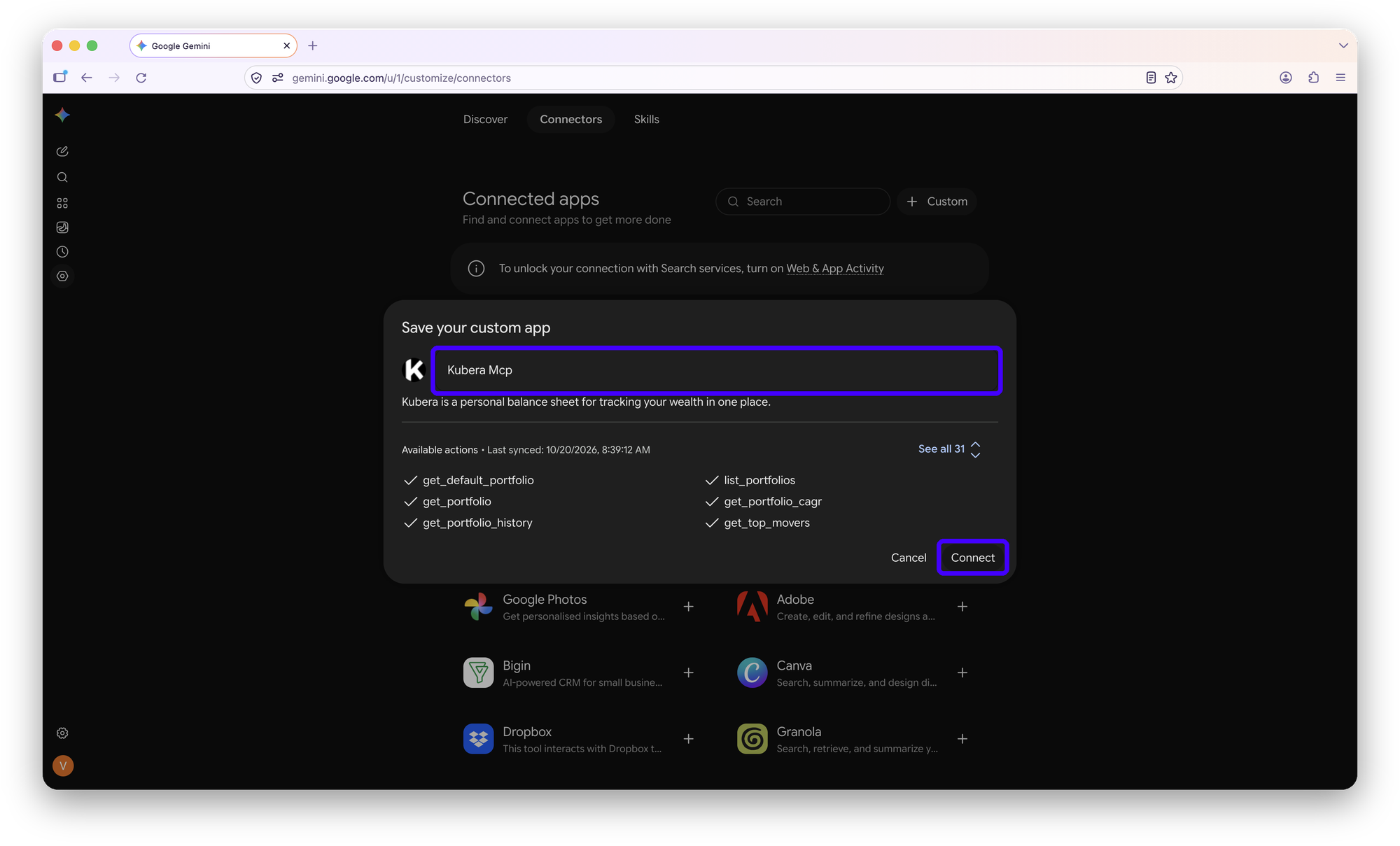 Gemini Save your custom app dialog showing Kubera's 31 actions, with the name field and Connect highlighted