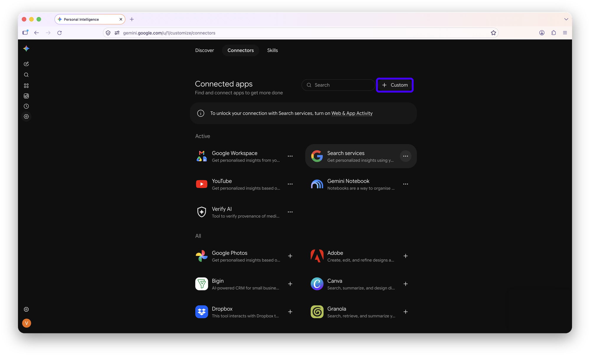Gemini Connected apps page with the + Custom button highlighted