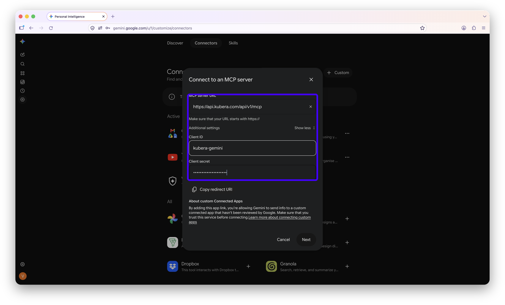 Connect to an MCP server dialog with Kubera's server URL, client ID and client secret filled in
