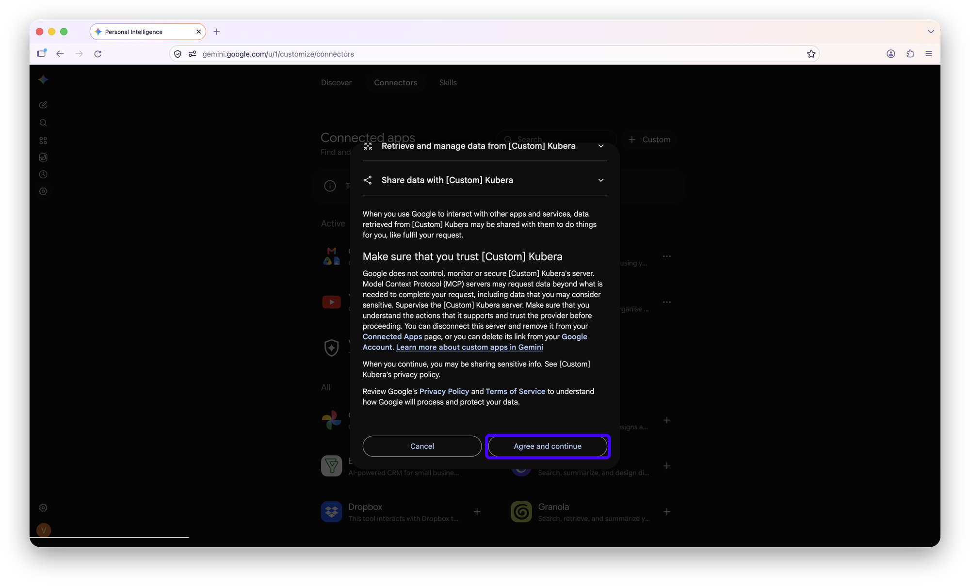 Google dialog linking your Google Account and Kubera, with Agree and continue highlighted