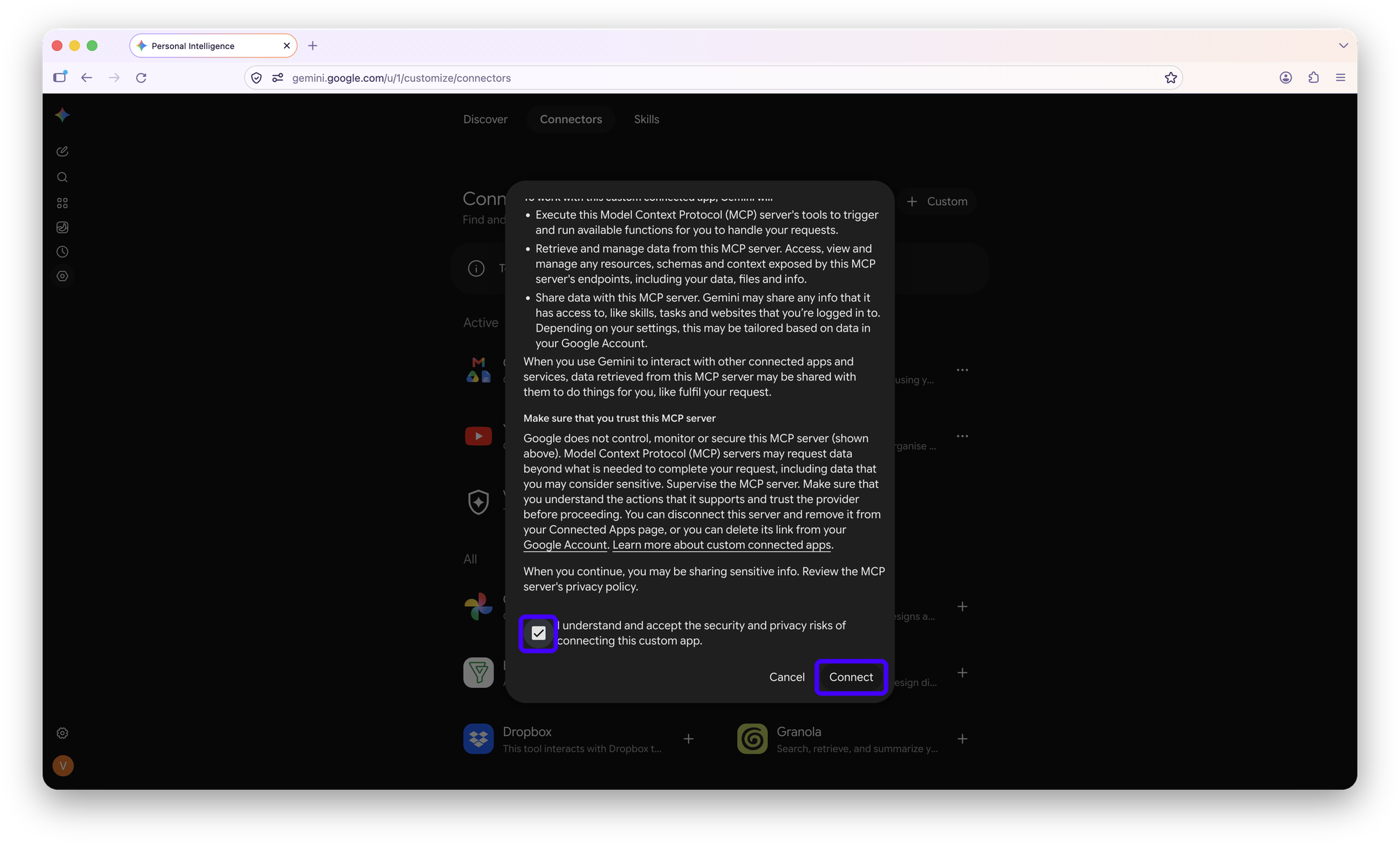 Gemini custom app notice with the acceptance checkbox and Connect button highlighted