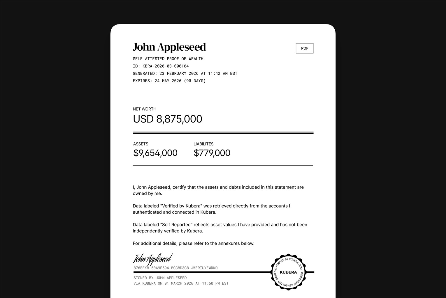 Kubera's Proof of Wealth