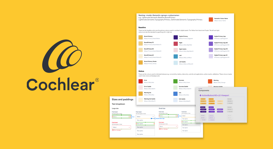 Cochlear logo and screeenshots of design system documentation