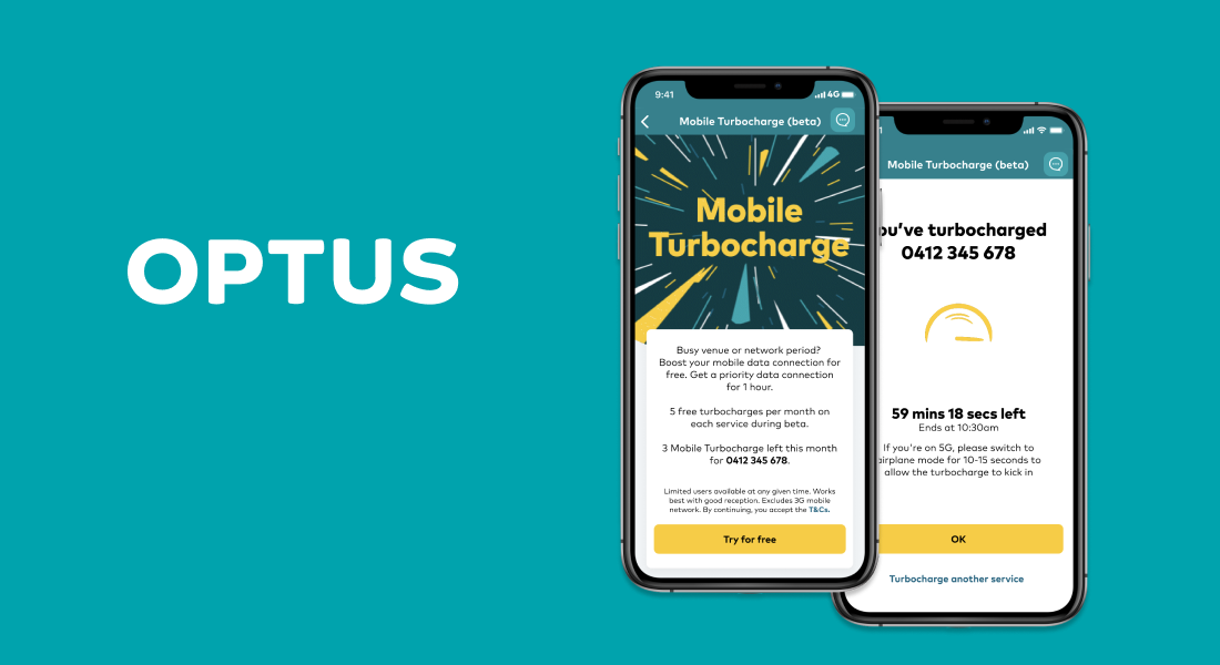 Optus logo and screenshots of mobile turbocharge UI screen