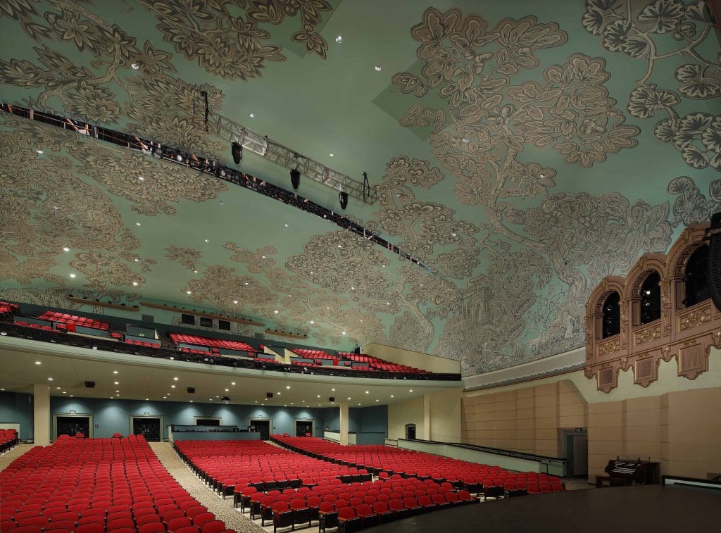 Acoustical plaster ceiling over the seating in a historic performing arts auditorium in Ontario, California