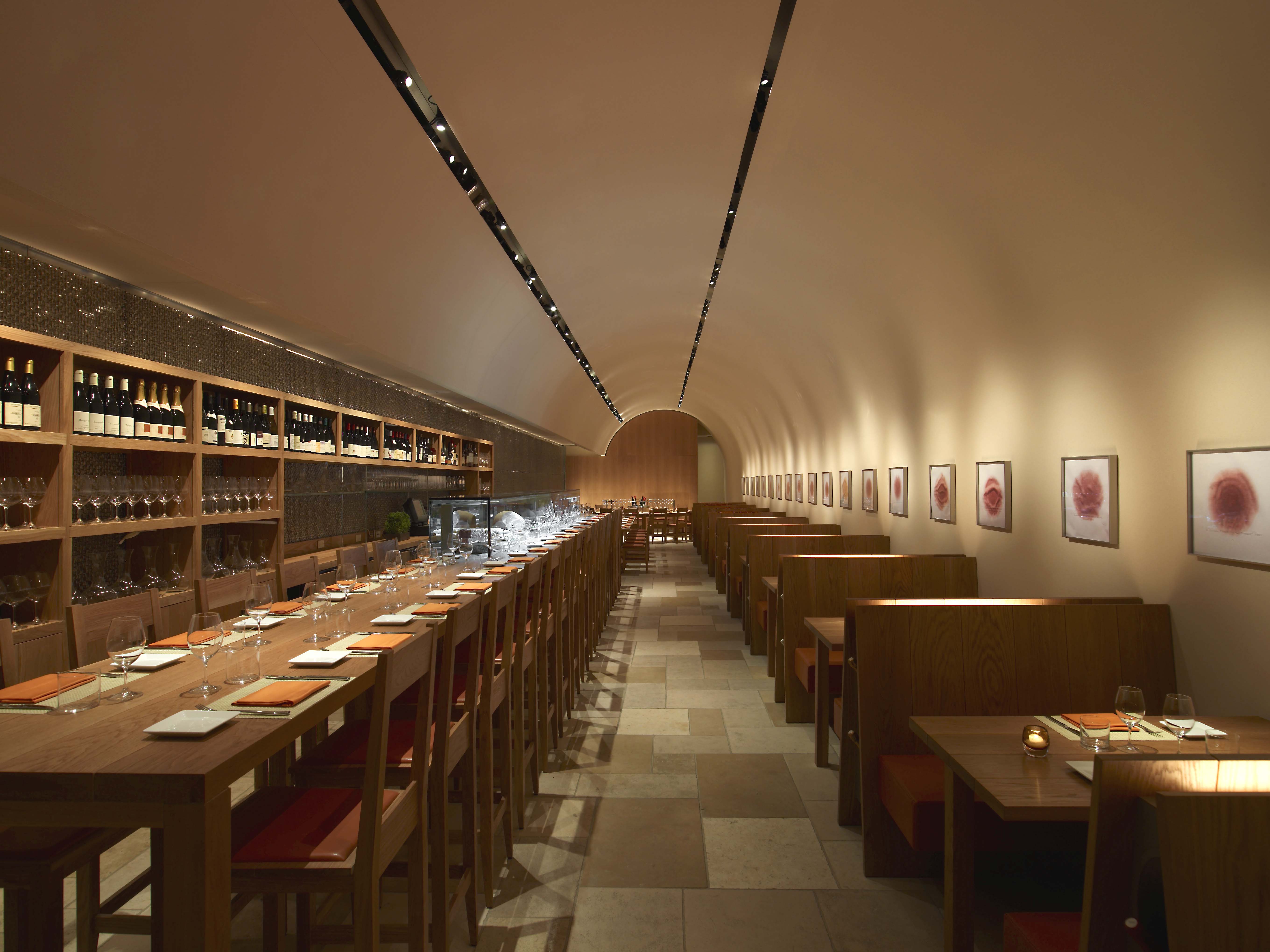 BASWA Phon acoustical plaster with frosted finish on an arched restaurant ceiling and walls in New York City