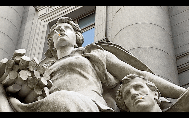 An image of a marble statue animated to look like its smoking a cigarette
