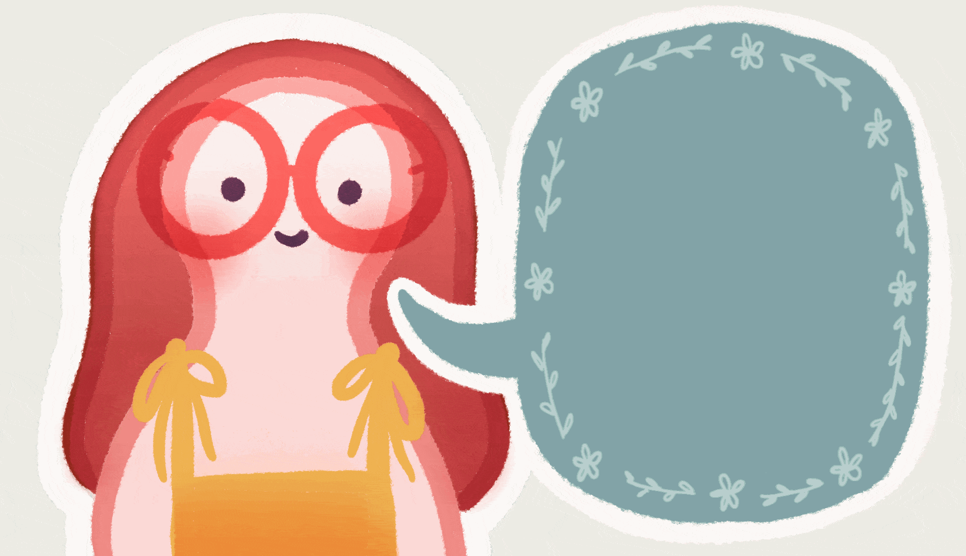 A cute drawing of Isabella with long red hair, big round glasses, and a yellow top