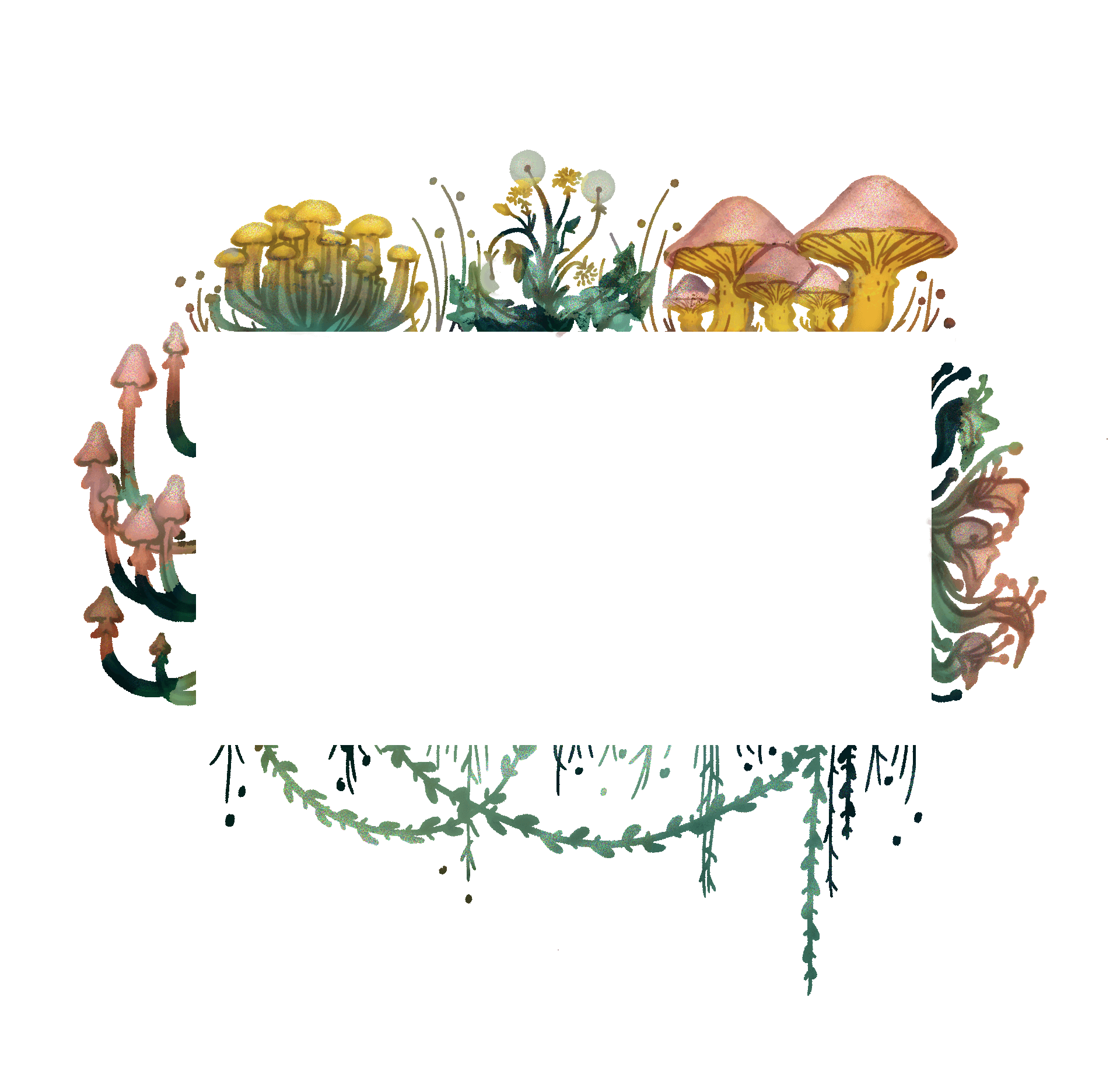 The video player is surrounded by illustrations of colorful mushrooms, flowers, butterflies, and a large dandelion