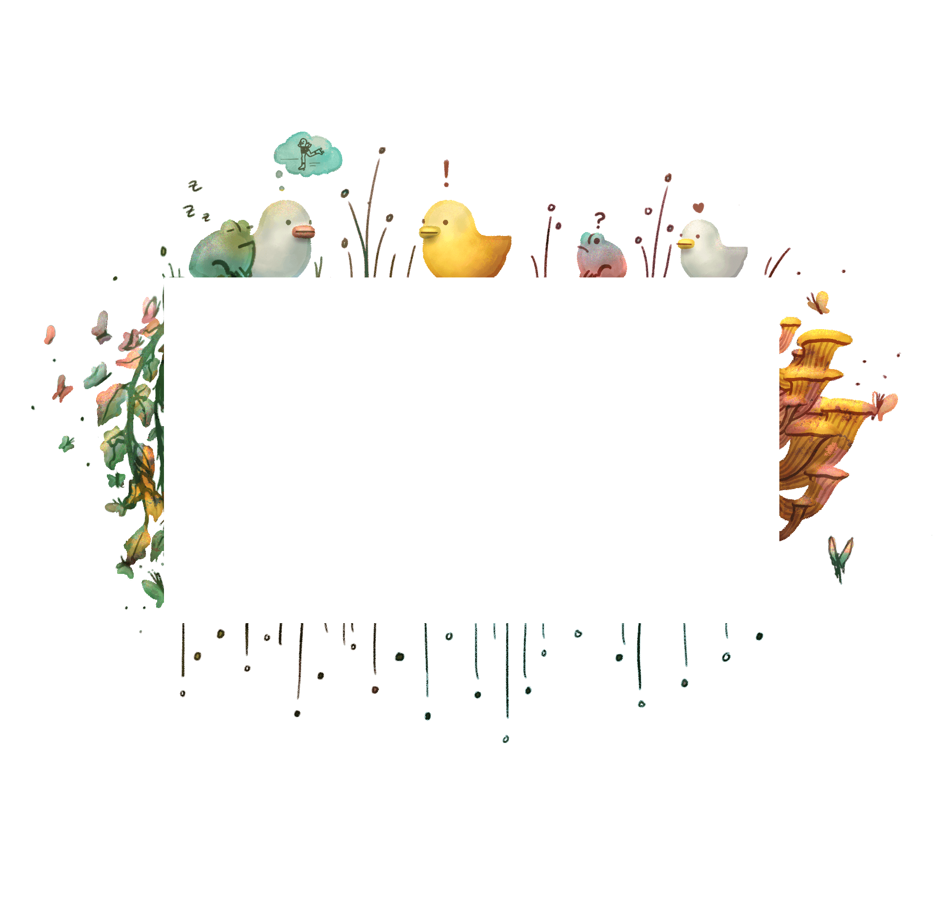 The video player is surrounded by illustrations of colorful mushrooms, fairies, and several ducks and frogs sit on top