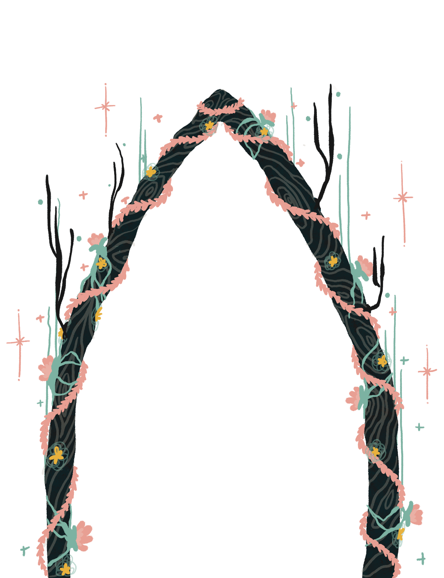 An arch window surrounds the text of the resume -- inside the arch is an illustration of a wooden arch that is covered in flowers, sparkles, leafy vines, and branches