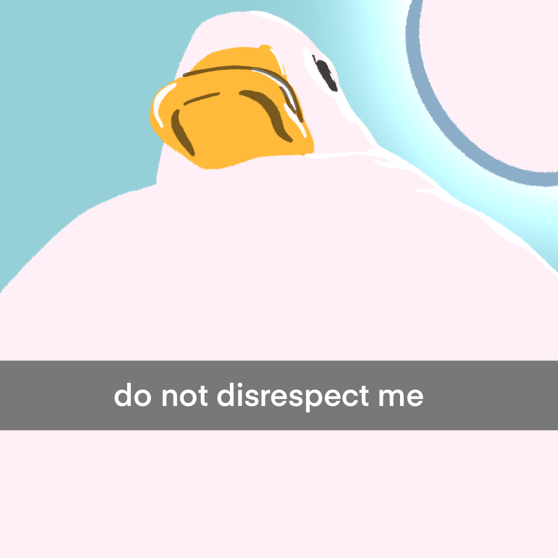 A cute illustration of a duck looking down into the camera with the caption "do not disrespect me"