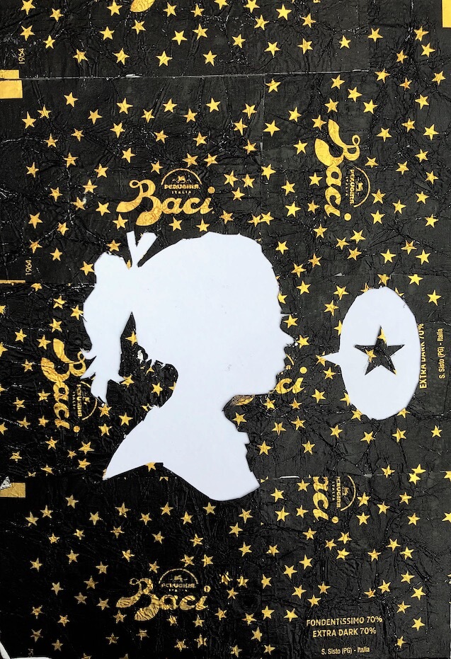 A silhouette of a girl with a pony tail and a speech bubble with a star in it is inlaid into and cut out ofa bunch of baci candy wrappers