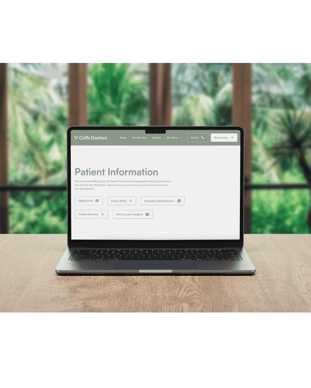 Coffs Doctors website open on the patient information page on a laptop on a design with greenery in the background. Designed & developed by Lemon Street