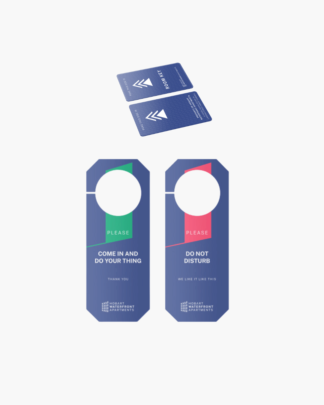 Mock up of hotel door signs for Hobart Waterfront Apartments 