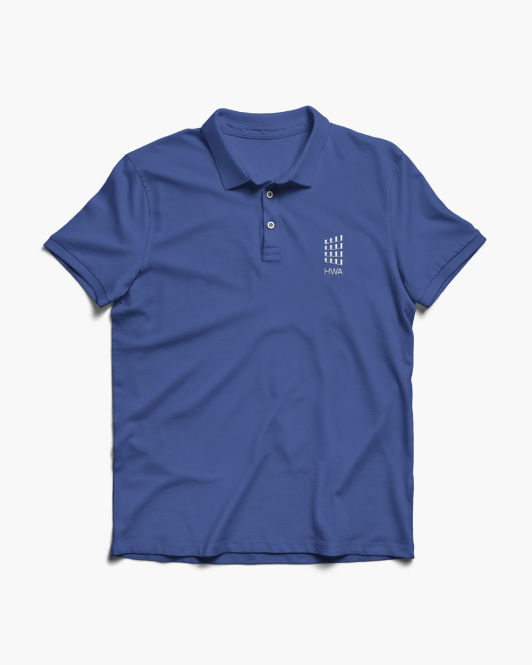 Blue polo shirt with the white Hobart Waterfront Apartments logo  designed by Lemon Street