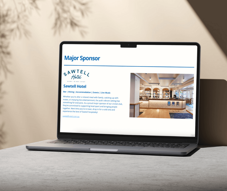Major sponsor section of the Sawtell Cricket Club website on a laptop. Website Design by Lemon Street