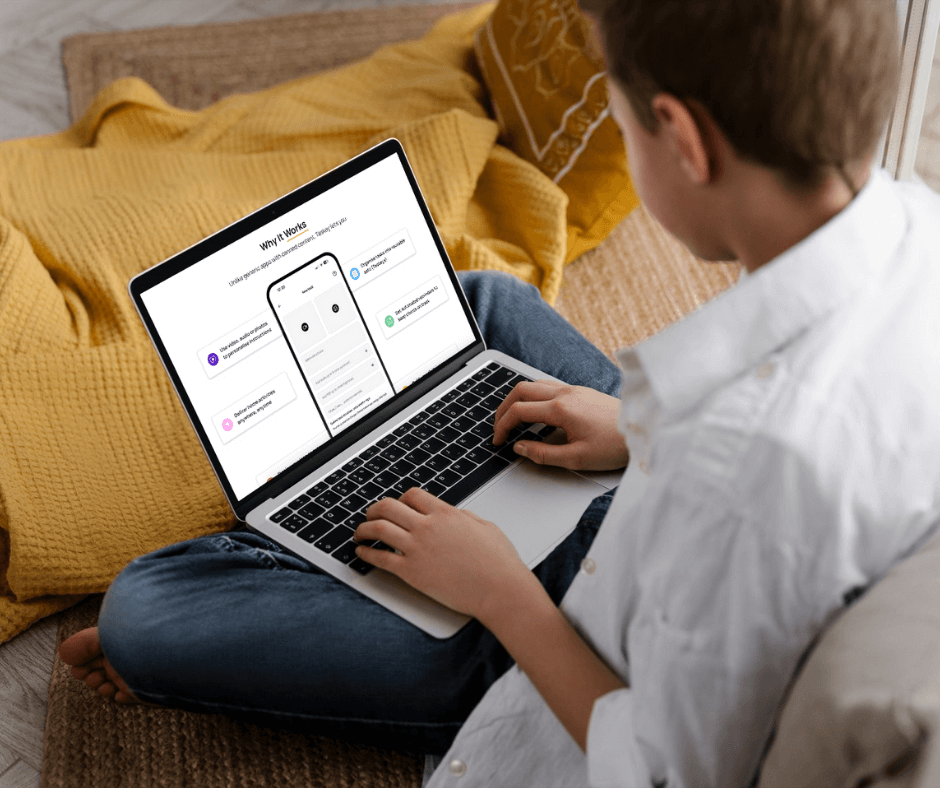 Young person sitting with laptop on lap with the Taskey App Website on the screen. Website Designed by Lemon Street.