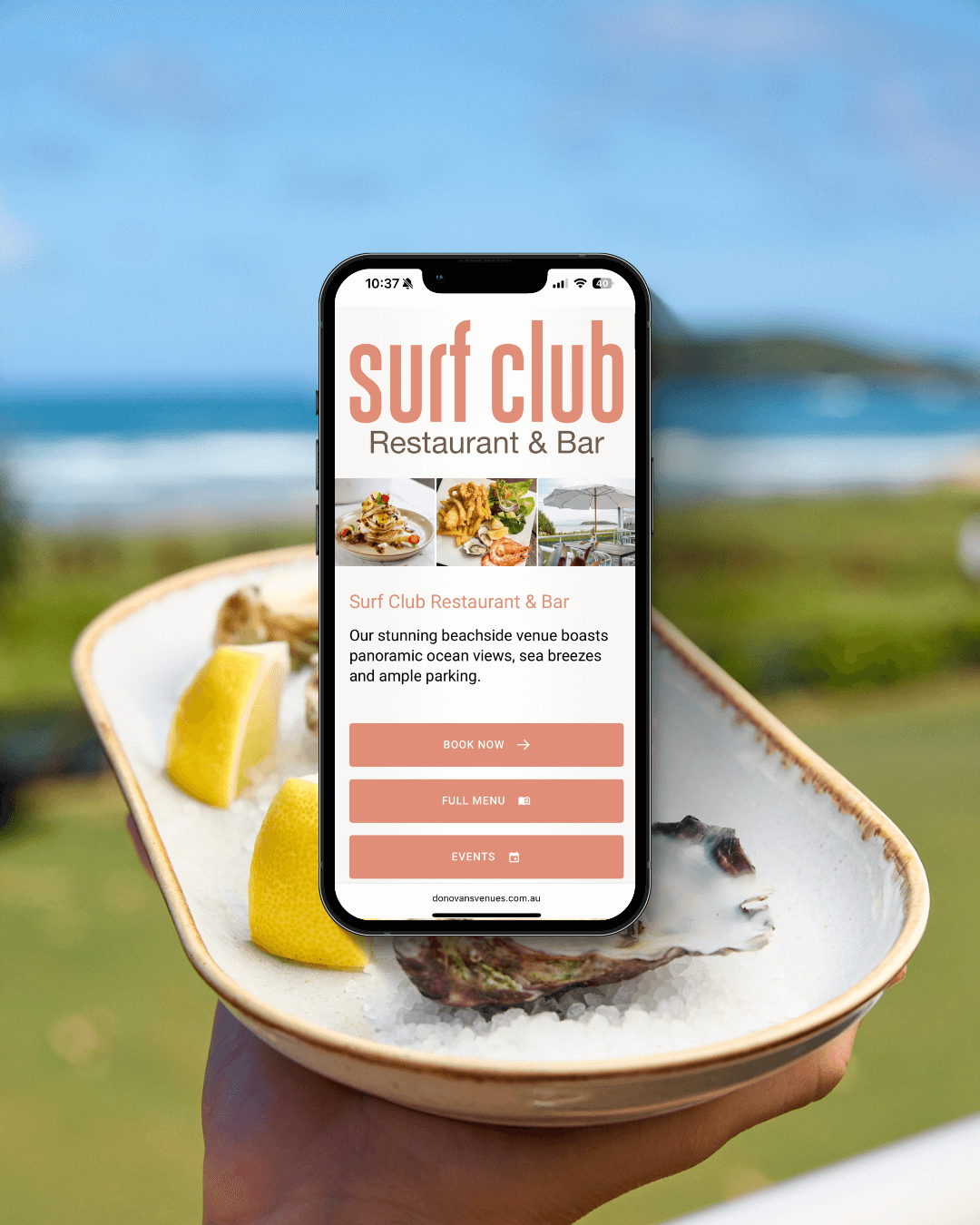Donovan's Venues website on iphone hovering over an image of Donovan's Coffs Harbour Surf Club