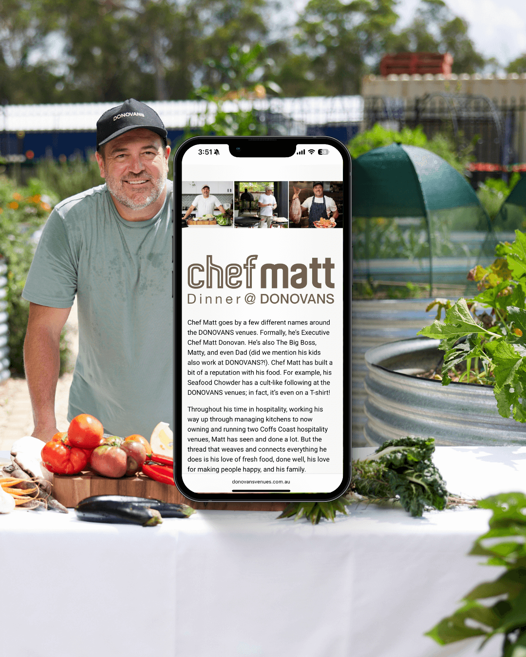 Donovan's Venues website on iphone hovering over an image of Chef Matt cooking