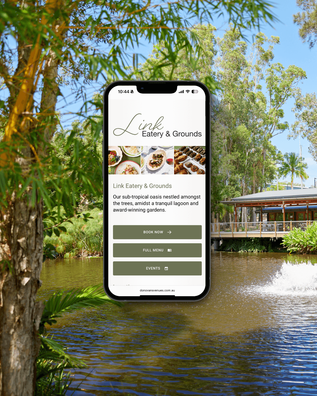 Donovan's Venues website on iphone hovering over an image of Donovan's Link cafe
