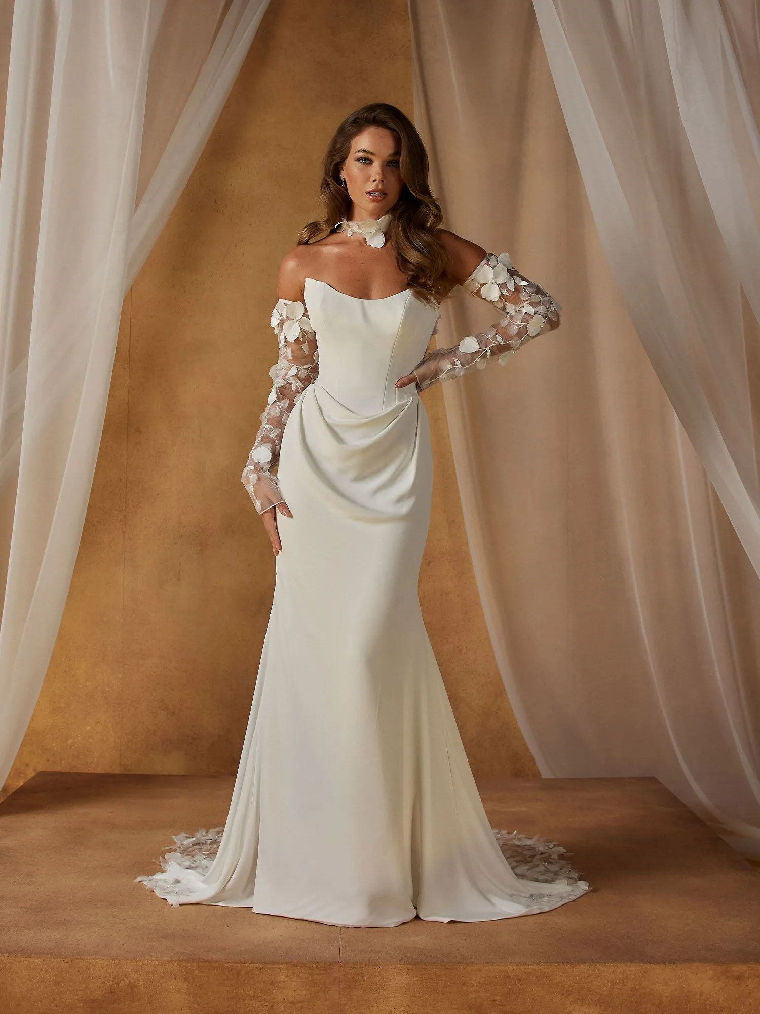 Bride in draped wedding dress in Cincinnati.